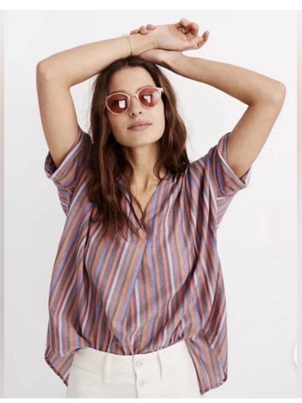 Madewell Button Back Popover Multi Stripe Cotton Collard top